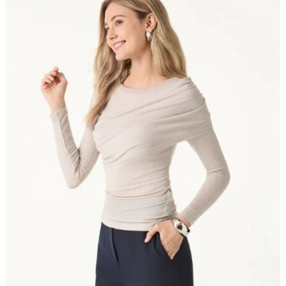 OGL Tencel-Wool Gathered Long Sleeve Brami Top in Heathery Fog Ivory XL - NEW - Picture 8 of 12